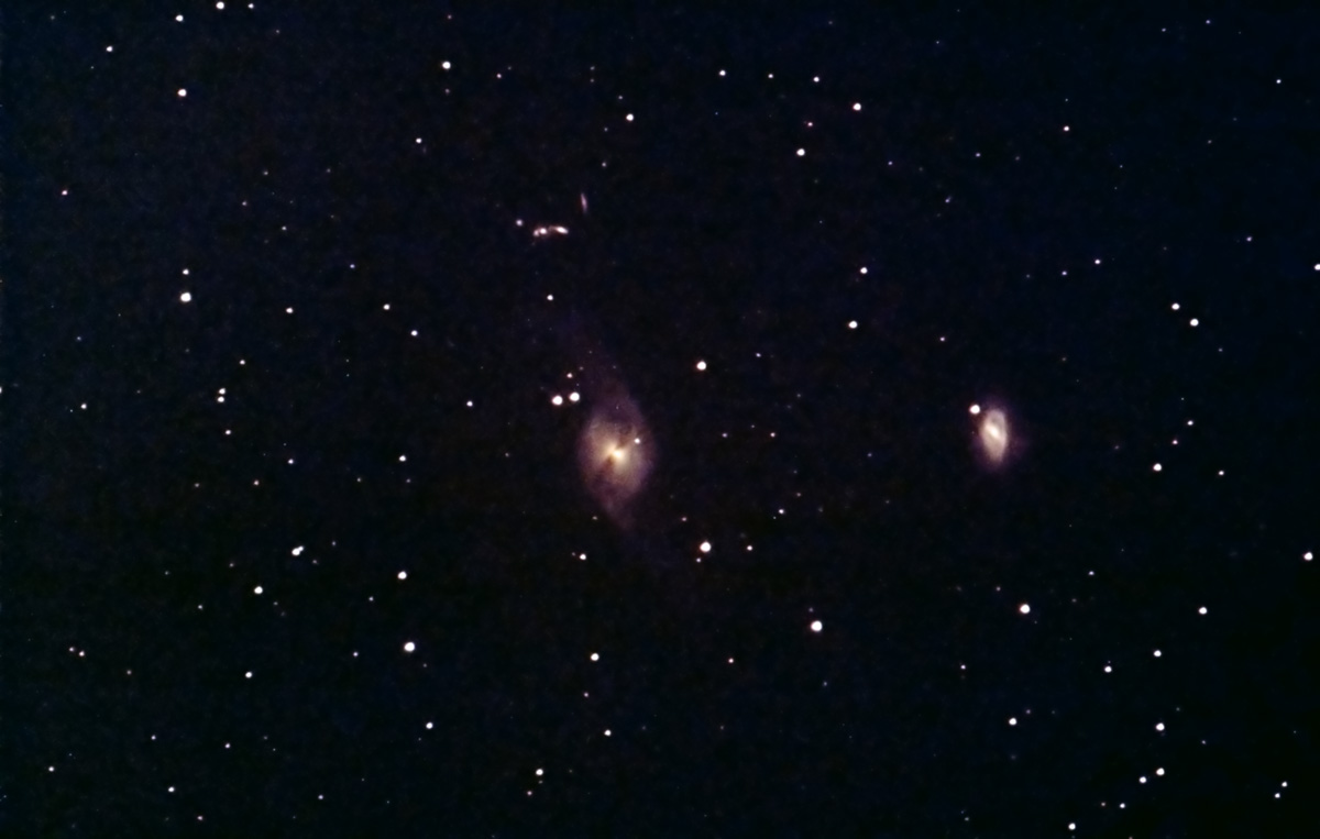 NGC-3718, NGC-3729, and Hickson 56 in Ursa Major taken May 22, 2009 with a Orion Starshoot Pro CCD camera through an Orion 190mm Maksutov Newtonian OTA and autoguided with a Starshoot Autoguider through an Orion 72mm Eon refractor piggybacked on the Orion Mak-Newt, and mounted on a Celestron CGE Pro mount.