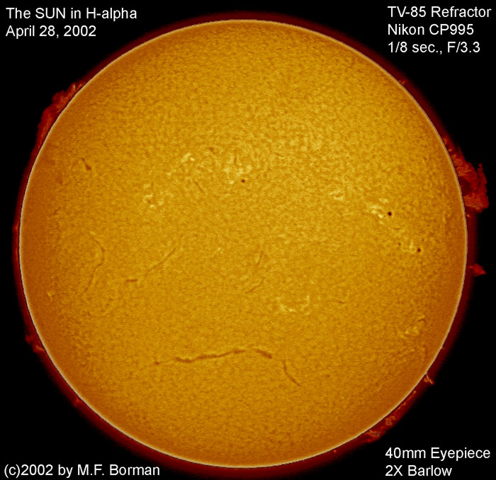Solar Disk with Prominences, filaments, and plages In H-alpha 04/28/2002