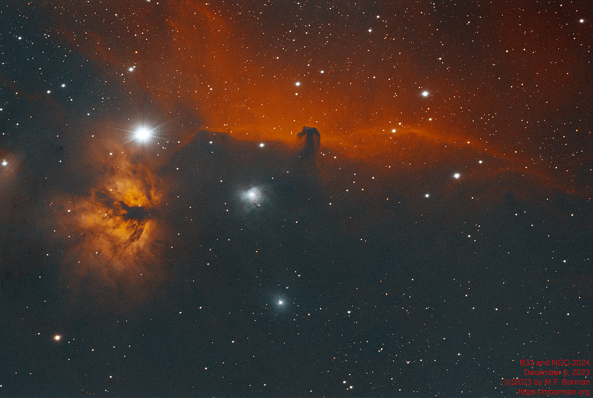 Horsehead Nebula (Barnard 33) and Flame Nebula (NGC-2024) taken 12/06/23 with a ZWO ASI183MC Pro camera attached to an Celestron 8