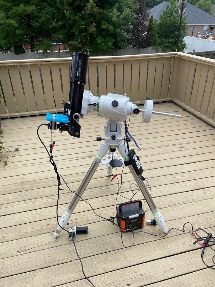 Orion ED80 refractor with Lunt Solar Wedge, PGR Grasshopper 3 camera, and ice pack to keep camera cool! 07/04/2022