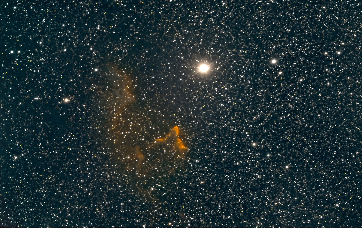 Cassiopeia's Ghost Nebula (IC63) taken 10/09/23 with a ZWO ASI183MC Pro camera and IDAS NBZ filter attached to an Celestron 8