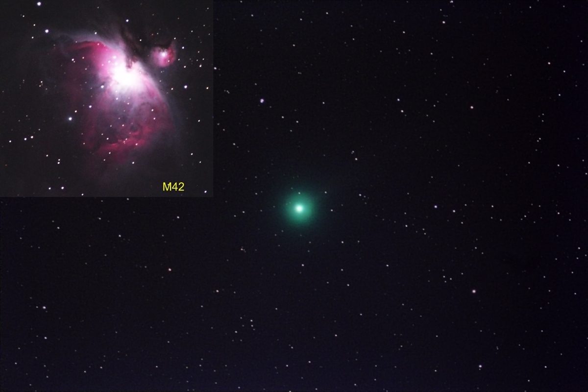 Comet Lovejoy (2014 Q2) and M42 (inset) size comparison, taken December 31, 2014