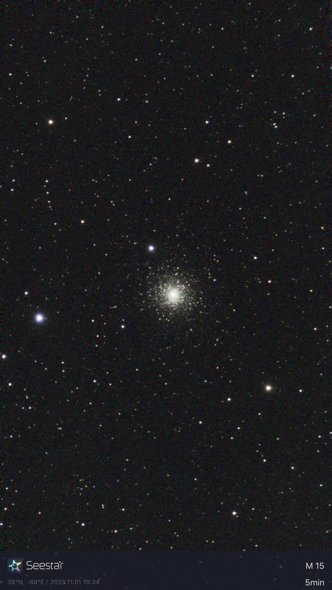Globular Star Cluster M15 taken 11/01/23 with a Seestar S50 smart telescope