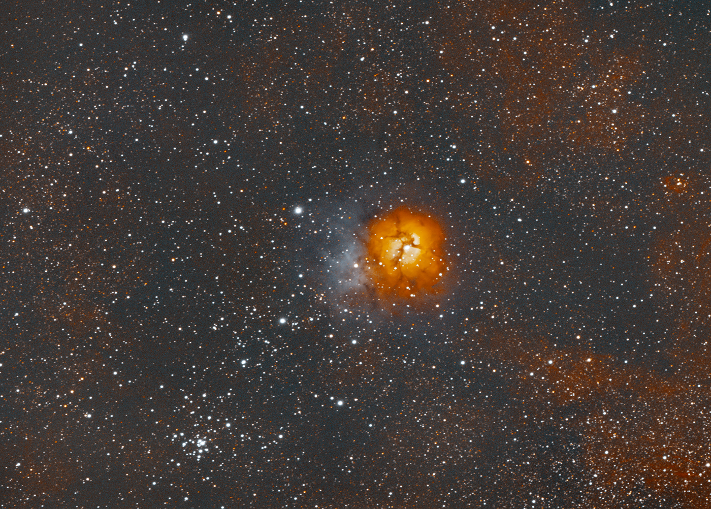 Trifid Nebula (M20) and open cluster M21 taken 09/19/23 with a ZWO ASI183MC Pro camera attached to an Celestron 8
