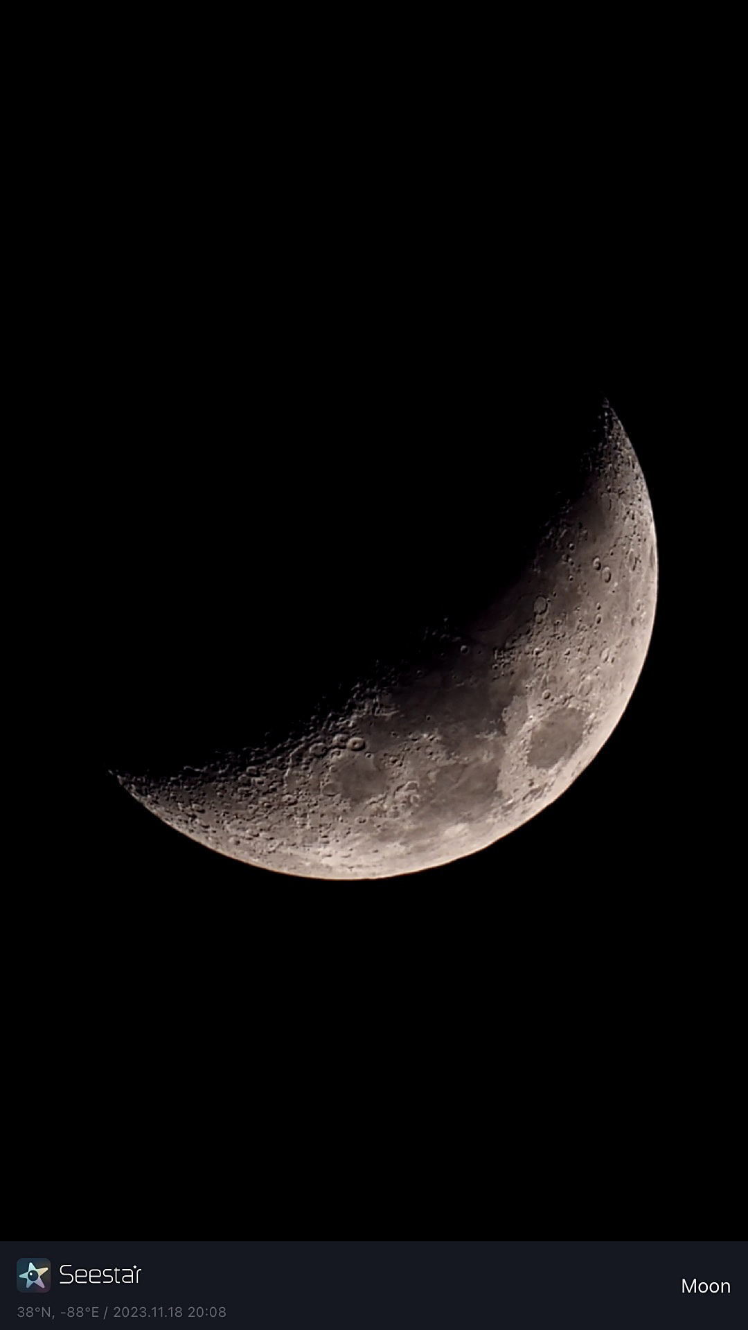 Crescent Moon taken 11/18/23 with a Seestar S50 smart telescope