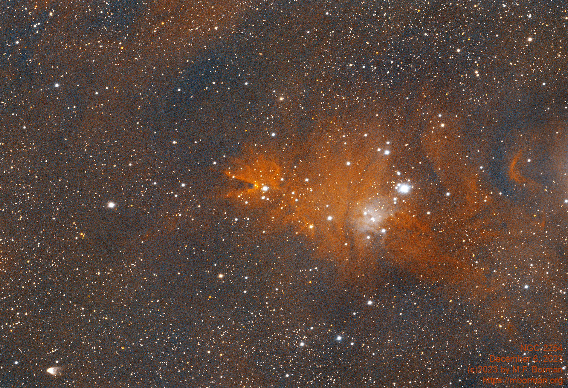 The Christmas Tree Cluster and Cone Nebula (NGC-2264) and Hubble's Variable Nebula (NGC-2261) taken 12/06/23 with a ZWO ASI183MC Pro camera attached to an Celestron 8