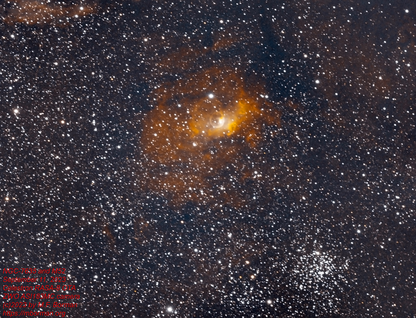 The Bubble Nebula (NGC-7635) and open cluster M52, taken 09/11/23 with a ZWO ASI183MC Pro camera attached to an Celestron 8