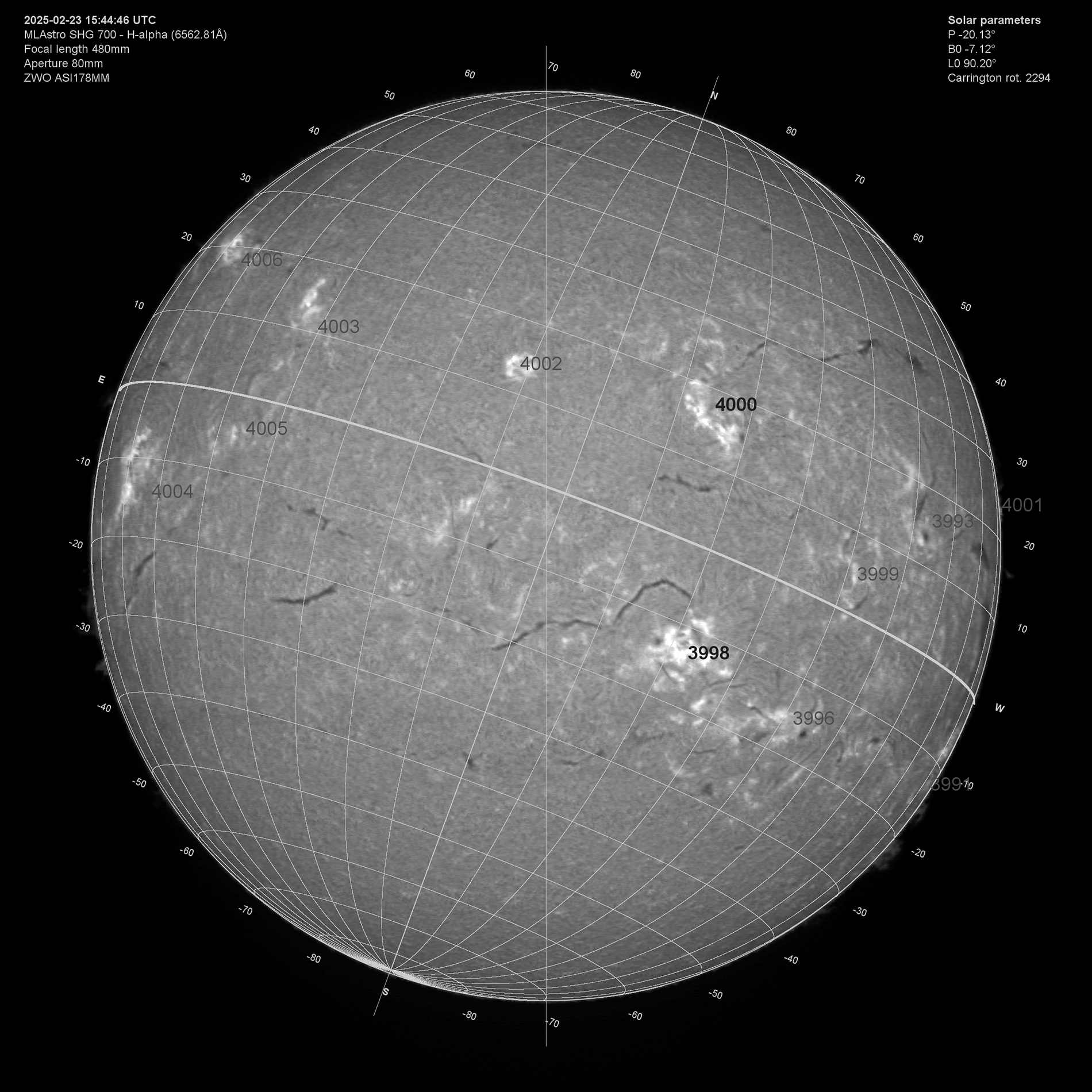 Solar image in h-alpha labeled 02/23/25