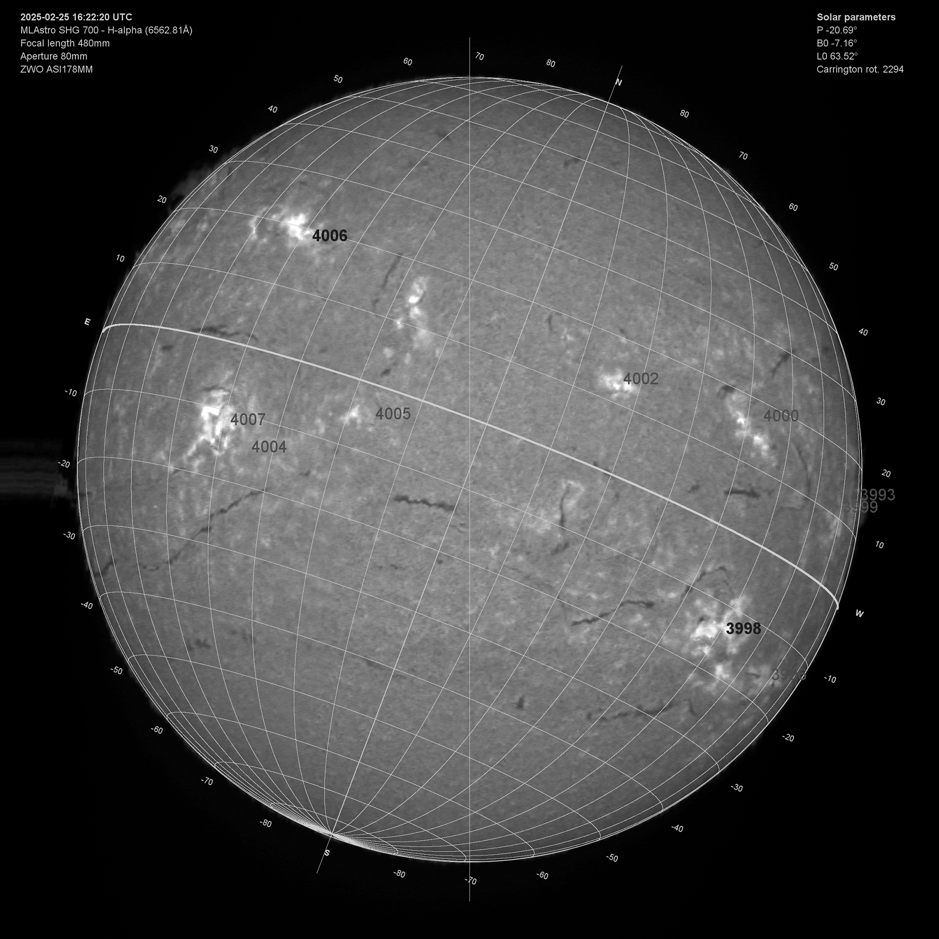 Solar image in h-alpha labeled 02/25/25