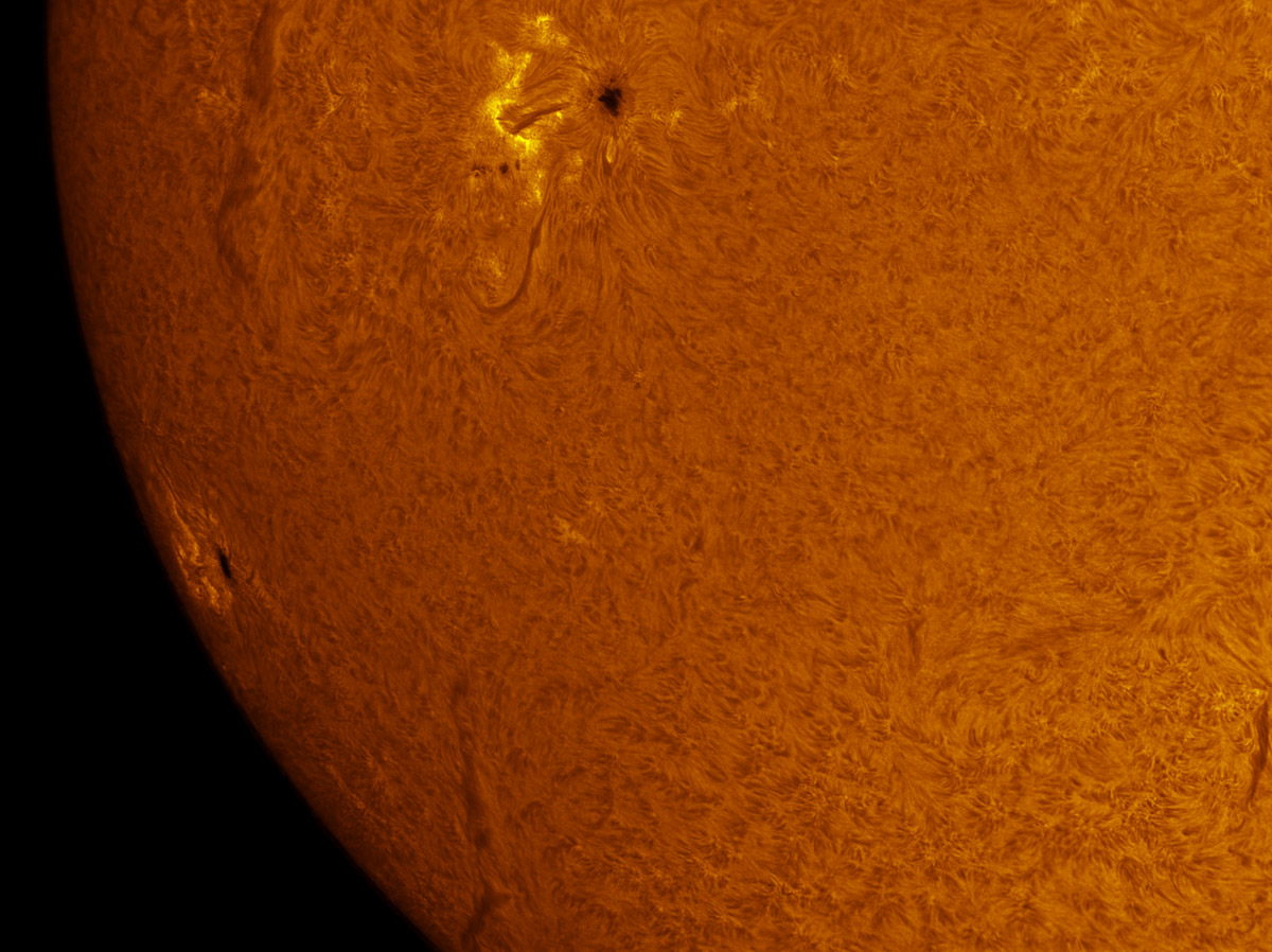 Sunspots 1596 and 1598 in h-alpha 10/21/2012