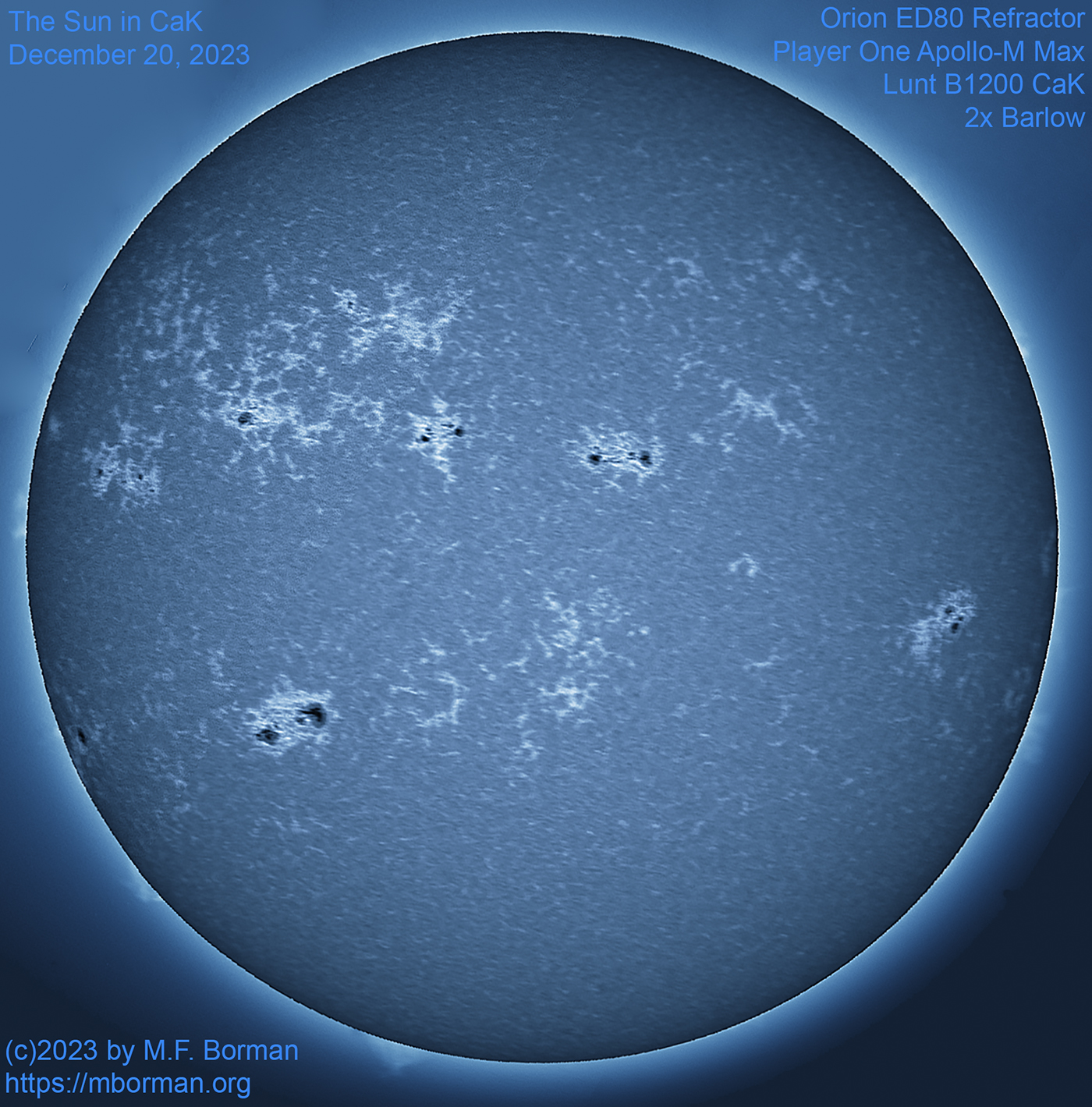 Solar disk in CaK 12/20/2023