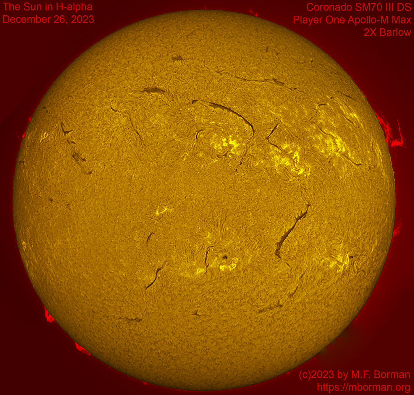 Solar image in h-alpha 12/26/2023