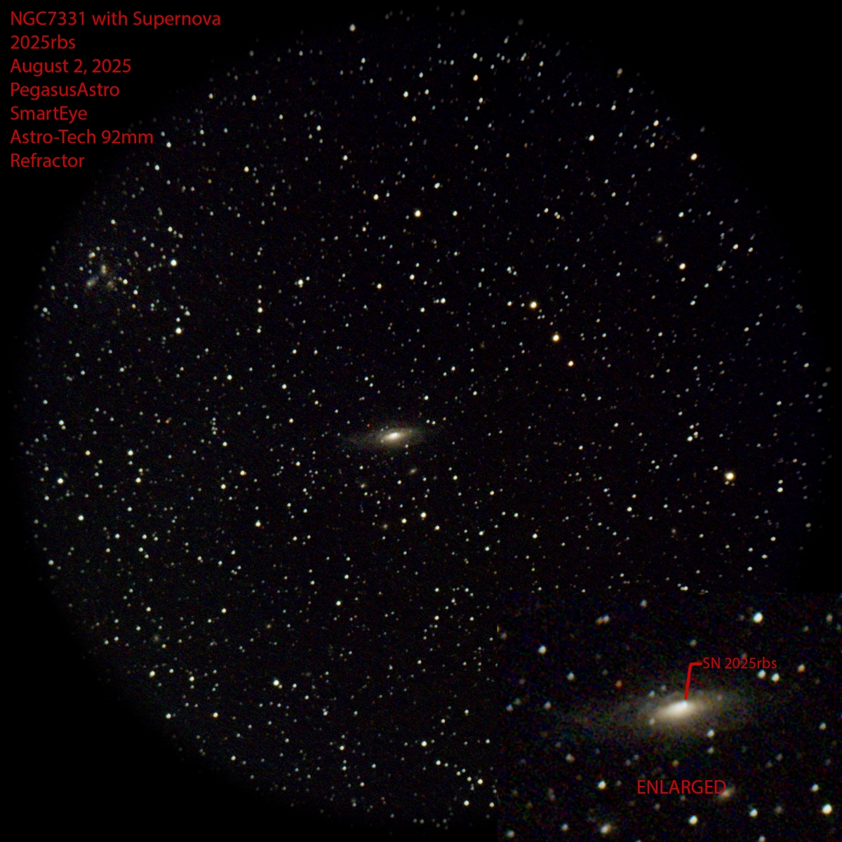 Supernova 2025rbs in NGC-7331 taken 08/02/25 with a Pegasus Smarteye through an Astrotech 90mm refractor.