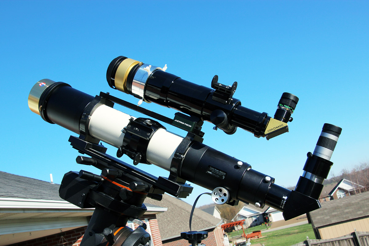 Televue TV102iis Refractor with Starlight Instruments motorized focuser, Coronado Solarmax 90mm h-alpha solar filter, and Imaging Source DMK41AU02.AS camera. Orion 72mm EON refractor with Coronado SM60 h-alpha filter. Both scopes on a Celestron CGE Pro mount.