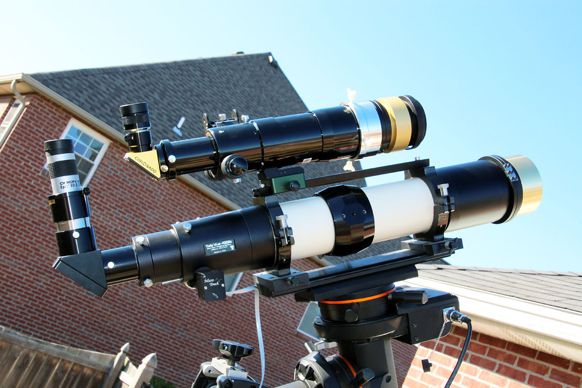 Televue TV102iis Refractor with Starlight Instruments motorized focuser, Coronado Solarmax 90mm h-alpha solar filter, and Imaging Source DMK41AU02.AS camera. Orion 72mm EON refractor with Coronado SM60 h-alpha filter. Both scopes on a Celestron CGE Pro mount.