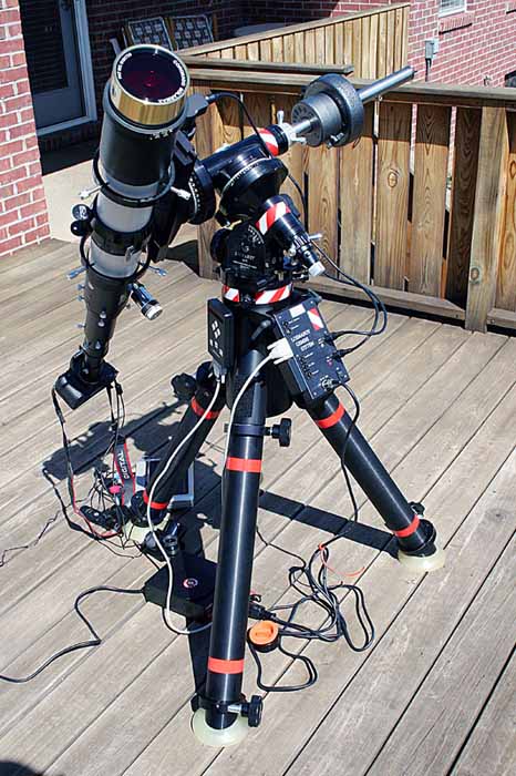Televue TV102iis Refractor with Coronado Solarmax 90mm h-alpha solar filter, Canon 20Da DSLR on Losmandy G11 mount.