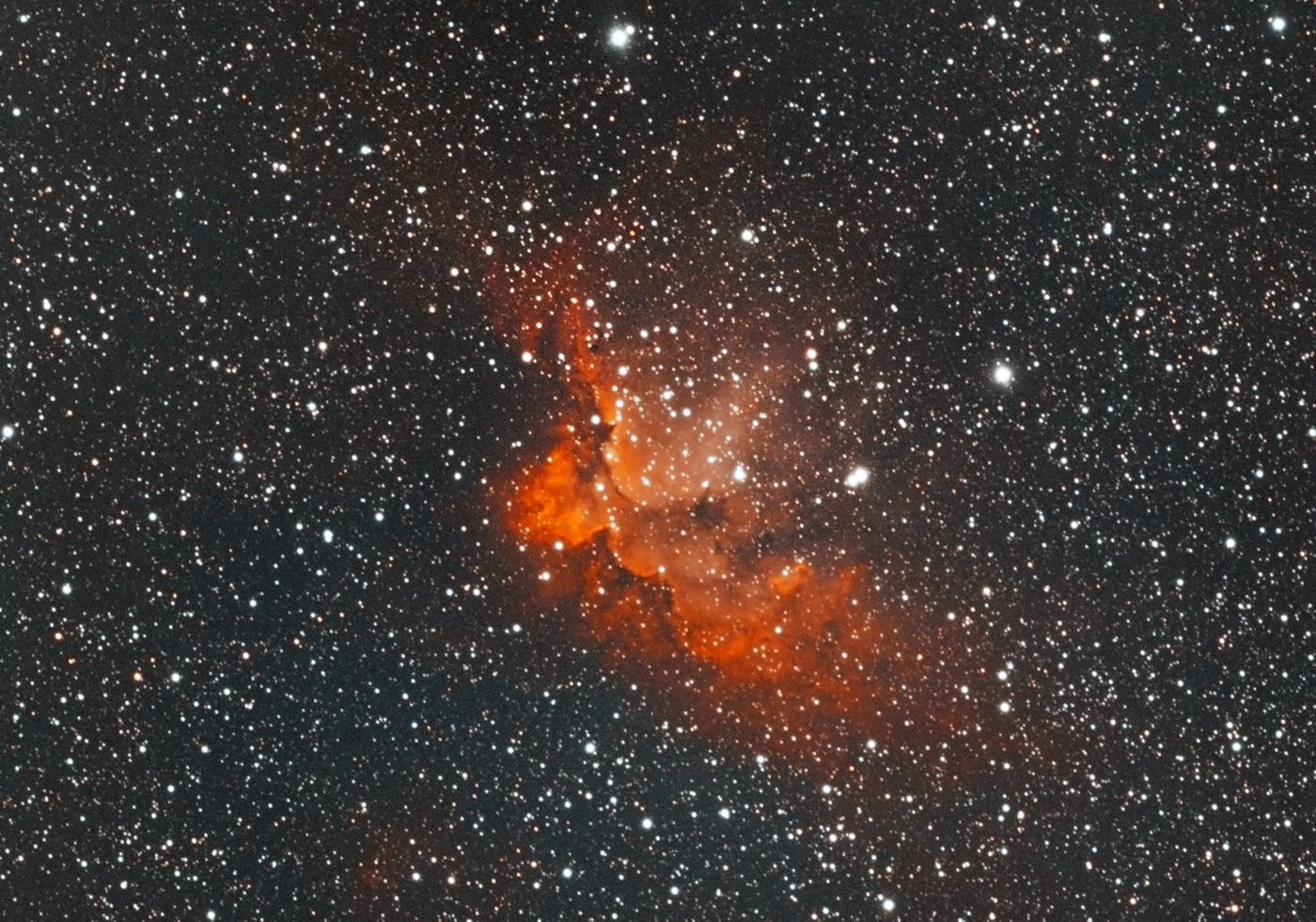 Wizard Nebula and star cluster (NGC-7380) taken 09/01/23 with a ZWO ASI183MC Pro camera attached to an Celestron 8